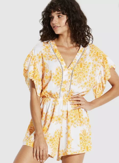 SEAFOLLY Size S Sunflower Floral Viscose Flutter Sleeve Romper, PLAYSUIT Yellow