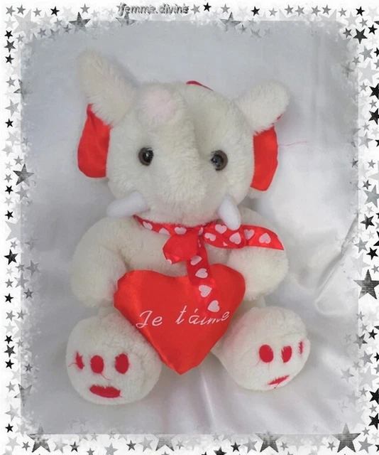 Doudou Peluche Eléphant Assis Blanc Et Rouge Coeur Je T'aime Alia