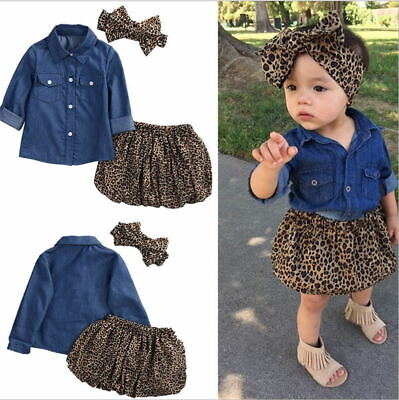 3PC Baby Girls Denim shirt + leopard skirt + Bow Head-wear Kids Clothes Outfits