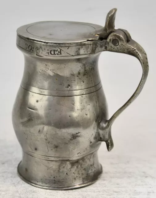 ANTIQUE SCOTTISH PEWTER LIDDED TANKARD MEASURE BY ROB WHYTE, FALKIRK VERIF c1830