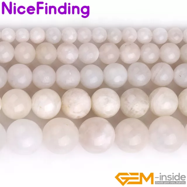 Natural White Moonstone Round Stone Beads For Jewellery Making 15" Free Shipping