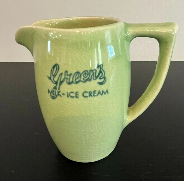 VINTAGE GREEN'S ICE Cream Pottery Milk Advertising Pitcher Creamer 12.