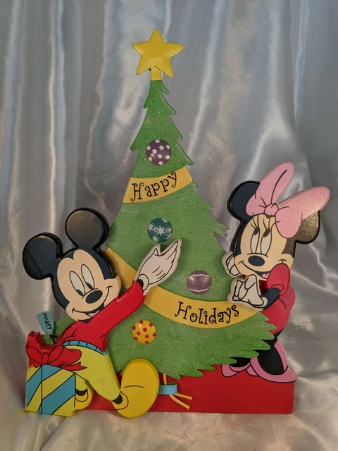 Disney Mickey Minnie Mouse Happy Holidays Christmas 3D Wood Metal Sign w Stand