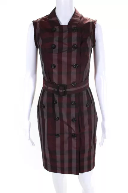 Burberry London Womens Plaid Double Breasted Tied Waist Dress Red Gray Size 2