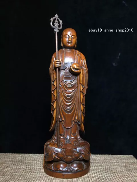 22CM collect China Old Boxwood Wood Hand-carved King of Tibet Buddha Statue AQQQ