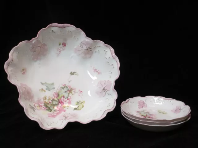 Antique BRC Voltaire Germany (Rosenthal) Pink Floral Scalloped Master Bowl + 3 2