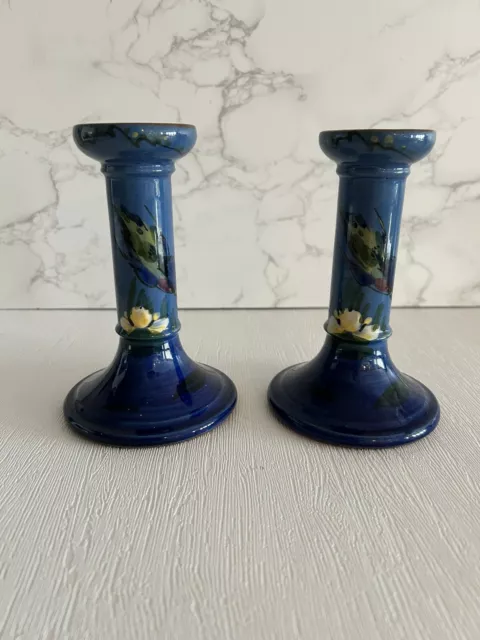 Vintage Torquay Longpark Pottery Blue Kingfisher Pair of Candesticks Motto Ware