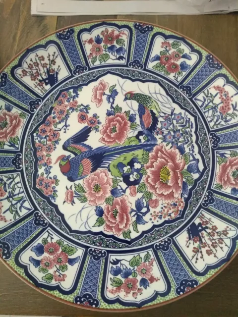 Vintage japanese antique Plate Large Charger Oriental Blue Bird  Floral Design