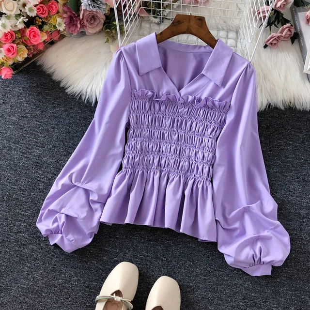 Donna Puff Maniche Camicia Camicetta Scollo V a Balze Plissettato Maglione Slim