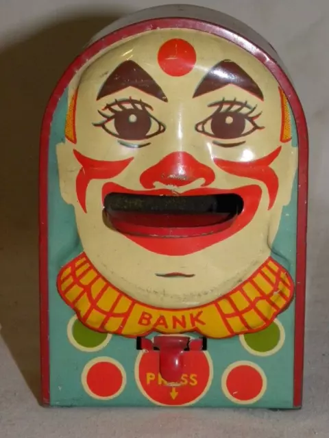 Jouet Ancien Tole Tirelire Vintage Tin Toy Litho Box Mechanical Money Bank Clown