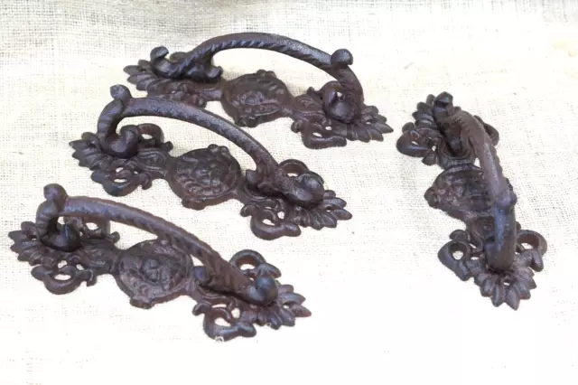 4 Large Handles Rustic Cast Iron Barn Door Handles Shed Gate Pulls Fancy 8 1/2"