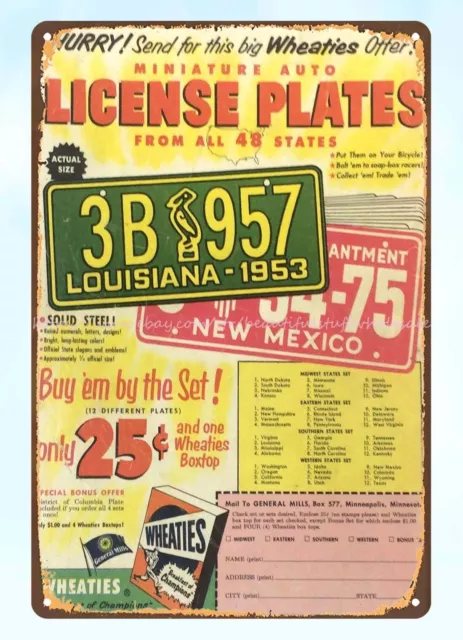 garage restaurant pub ideas 1953 Wheaties car plates metal tin sign