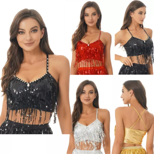 US Women Belly Dance Costume Sequin Bras Tassel Fringe Top Party Club Crop Top