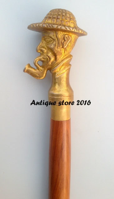 Antique New Smoking Men Handle Cane Gentleman's Wood Shaft Head Walking Stick