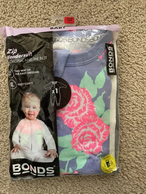 Bonds Baby Girl Blue Rose Long Sleeve Zip Wondersuit Size 1 Brand New