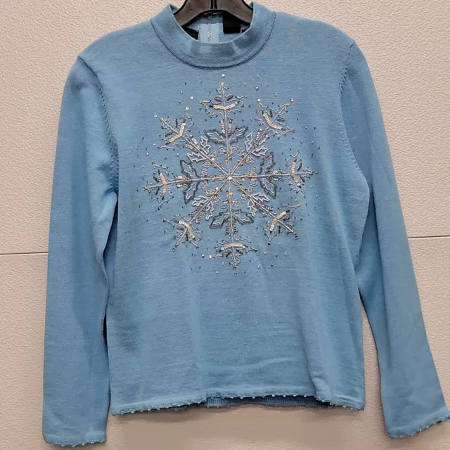 Michael Simon Event Holidays Christmas Sweater Blue Sequin Beaded Snowflake Med