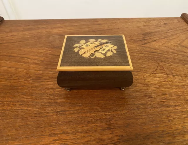 Vintage Italian Wooden Small Musical Box With Inlaid Floral Design