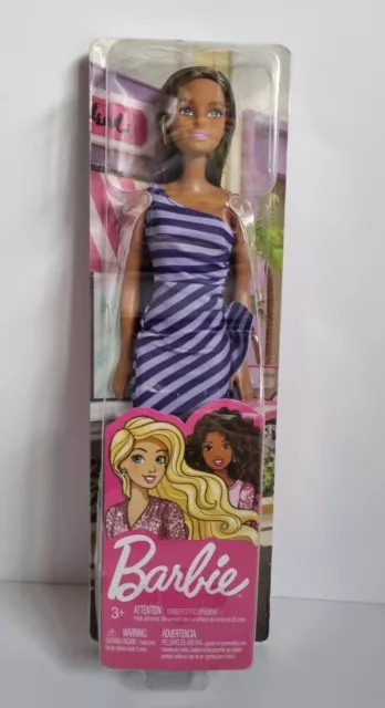 Glitz Barbie, Purple Striped Side Ruffle Dress, Long Brown Hair & Heels | BNIB