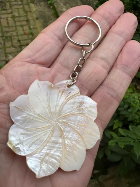 MOTHER OF PEARL CARVED FLOWER LARGE STONE 55mm ROUND KEYRING BAG and ID CARD