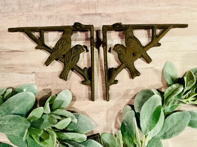 Pair 2 Cast Iron Antique-Rust Brown BIRD on BRANCH Brackets Braces Shelf corbels 11