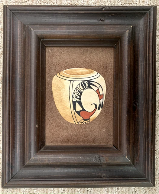 Erv Johnson Native American Acrylic on Suede Leather Nampeyo Hopi Bowl, Signed Erv Johnson Native American Acrylic on Suede Leather Nampeyo Hopi Bowl, Signed