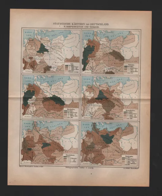 Lithografien map 1875: Statistische Kärtchen DEUTSCHLAND. Rohproduktion Verkehr.