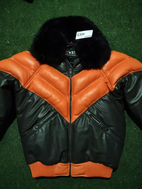 Men Bubble V Bomber Sheepskin Leather Jacket Detachable Original Fox Fur Collar
