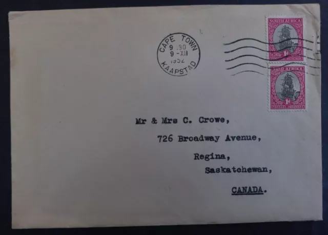 1952 South Africa Cover ties 2 stamps cd Cape Town-Regina