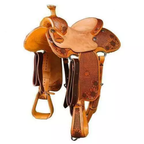 WILDRACE Western Natural Leather Hand Tooled/carved Roper Ranch Saddle