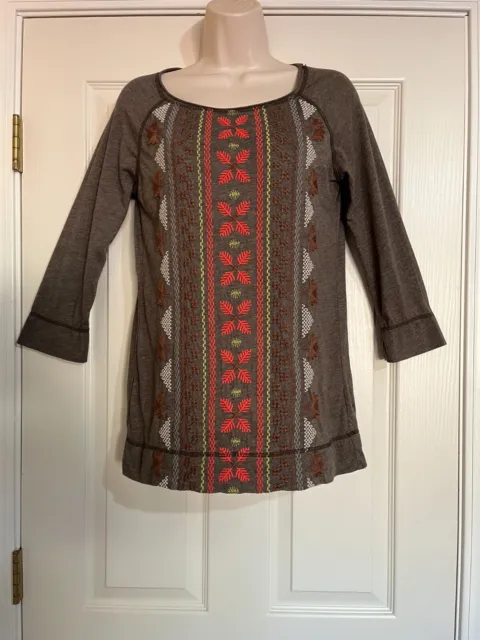 JOHNNY WAS JW Los Angeles Brown 3/4 Sleeve Embroidered Tunic Top Small ...