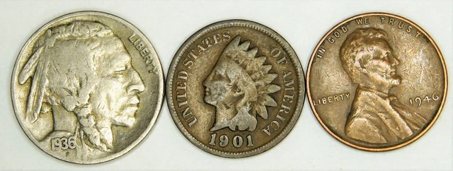 Buffalo Nickel, Indian Head Penny, Lincoln Wheat Cent - 3 coin Lot
