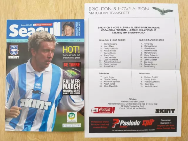 Brighton V. Qpr - 18.9.2004 Programme And Colour Teamsheet