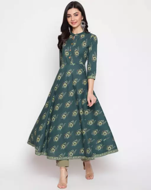 Indian Women Green Floral Printed Anarkali Kurta Kurti New Dress Top Tunic