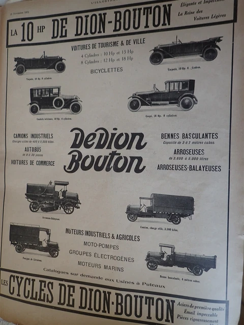 DE DION BOUTON 10 HP voitures cycles publicité papier l'ILLUSTRATION 1921 col