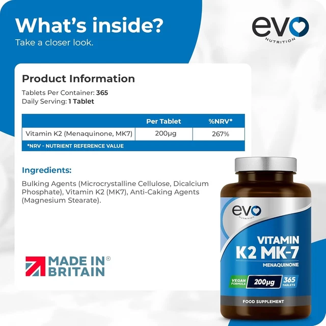 VITAMIN K2 MK7 200mcg 365 Vegan Tablets Supports Maintenance of