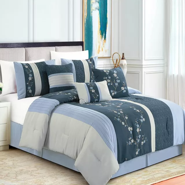 Blue Gray Grey Floral Embroidery 7 pc Comforter Set Twin Full Queen Cal King Bed