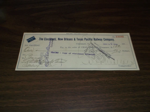 1914 Cincinnati New Orleans & Texas Pacific Company Check