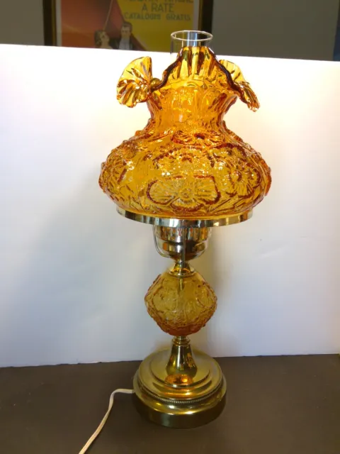 Fenton Amber Glass 19 1/2" Tall Student Poppies Lamp - WORKS