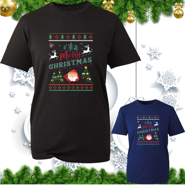 Merry Christmas T-Shirt Santa Claus Xmas Tree Decor Reindeers Winter Festive Top