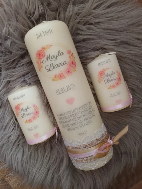 Taufkerze Mädchen rosa Kranz Neu