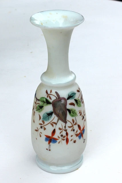 Antique / Vintage Victorian Bohemian Alabaster Glass Hand Blown & Painted Vase