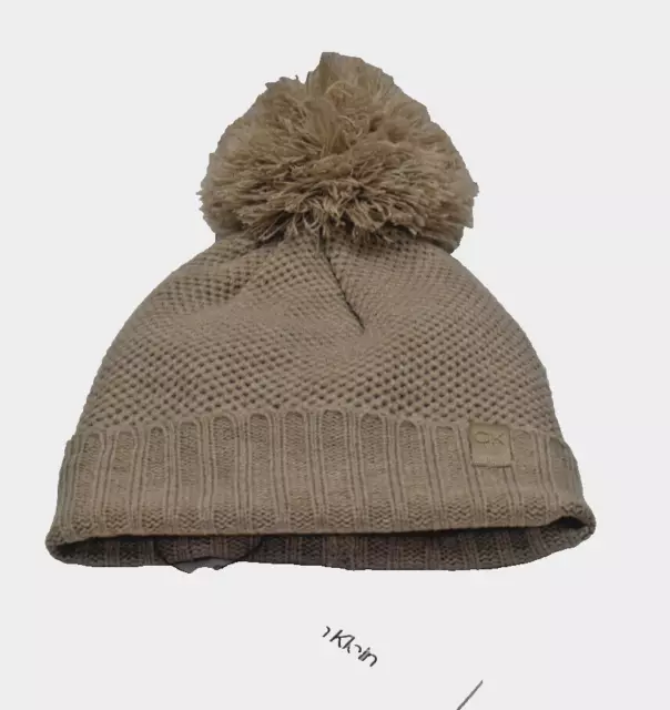 Calvin Klein Basket Stitch Knit Pom Beanie Hat Heathered Almond New! NWT