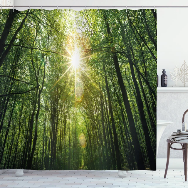 Tenda Doccia Foresta Verde - 180x180cm, Poliestere Impermeabile, Antimuffa, Con 12 Ganci, Motivo Foglie - Foto 2