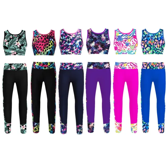 Kids Girls Tracksuit Fashion Printed Sport Suit Racerback Crop Top Pants Outfits