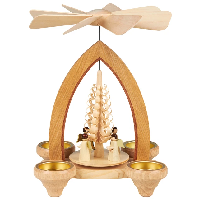 Produktbild von Seiffener Volkskunst | Teelichthalter | Tischdeko Für Teelicht Aus Naturholz 8.5x18x8 Cm | Handgefertigte Erzgebirgische Holzkunst | Weihnachtsdeko Mit Figuren | Mit Kurrende Natur Von Claudia Lorenz