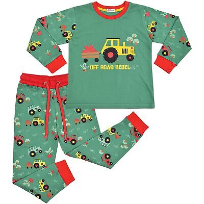 Kids Girls Boys Pyjamas Tractor Contrast Top Bottom Sleepwear Set 2-13 Y