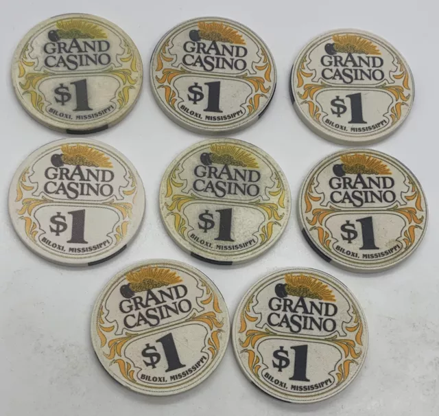 Lot of 8 - Grand Casino $1 Casino Chip - Biloxi Mississippi Ceramic