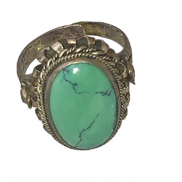 Vtg Chinese Turquoise Color 800 Silver Filigree Openwork Adjustable Ring SZ 7.5