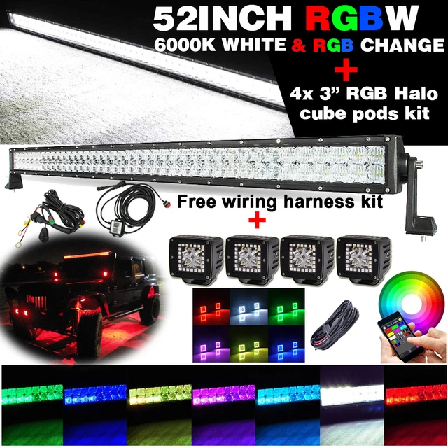 52 inch RGBW LED Work Light Bar Combo 4x 3" RGB Halo Pods Kits Fit For Jeep SUV