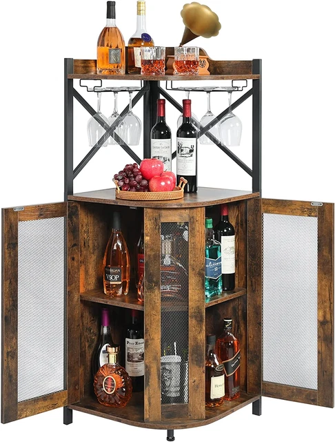 Corner Bar Cabinet with Glass Holder,Industrial Wine Cabinet with Mesh Door,Wine